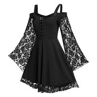 Kininana Women Vintage Floral Lace Patchwork Cold Shoulder Gothic Mini Dress Strappy Plus Size Evening Party Swing Dress