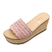 Cenglings Women's Open Toe Ruffle High Heel Slippers Casual Plus Size Shoes Espadrilles Wedges Beach Shoes Platform Slides(Pink,36)