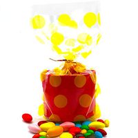 Clear Cello Treat Bags 8.25 X 5 with Yellow Dot (Pack of 50) Cellophane Bags Party Favor Bags For Wedding,Birthday,Candy Bag, Cookies,Popcorn,Biscuits, 50 Golden Twist Ties