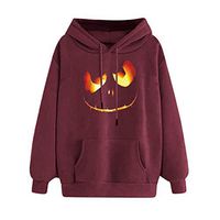 Veodhekai Women Pullover Hooded Halloween Top Blouse Print Pumpkin Shirts O-Neck Sweatshirt Tunic Loose T-Shirt Wine