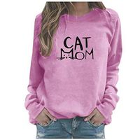 SADUORHAPPY Women Casual Letters Print Blouse Cat Mom Long Sleeve Sweatshirt O Neck Pullover Tops Pink