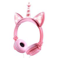 Isightguard Unicorn Kids Headphones, Cat Ear Headphones with LED Glowing,Wired Kids Headphones 85dB Volume Limited, Over Ear Headphones for Girls,Peach