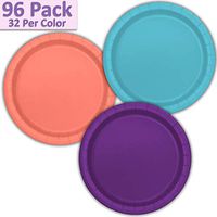96 Paper Dinner Plates (9") - Aqua, Coral, Deep Purple - 32 Per Color, 3 Colors - Great Assortment for Birthday Parties, Weddings, Holidays, Baby Shower, Celebrations, and more