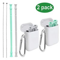Senneny 2 Pack Collapsible Reusable Silicone Straws Food-Grade Folding Drinking Straws Keychain Portable Set with Carrying Case & Cleaning Brush- White & Green