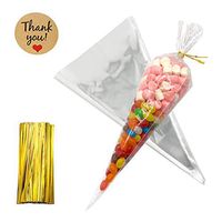 100 Piece Transparent Cone Bags Clear Cello Bags Sweets Treat Bags with 100 Piece Gold Twist Ties, 11.8 by 6.3 Inch