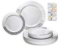 " OCCASIONS" 120 Plates Pack,(60 Guests) Heavyweight Premium Wedding Party Disposable Plastic Plates Set -60 x 10.5'' Dinner + 60 x 7.5'' Salad/Dessert (Milano White & Silver)