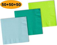 150 Beverage Napkins, Pastel Blue, Teal, Lime Green - 50 Each Color. 2 Ply Paper Cocktail Napkins. 5" folded, 10" unfolded.
