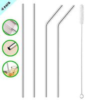 Reusable Portable Stainless Steel Metal Straw - Set Of 4 Pack (2 Straight 2 Bent) & 1 Cleaning Brush - 6mm Caliber 8.5" 20oz.