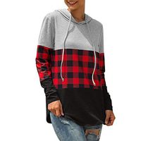 HNTDG Women Plaid Stitching Color Block Long Sleeve Loose Hoodie Drawstring Pullover Sweatshirt Tops Blouse Red