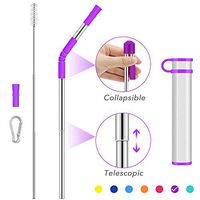 Collapsible Telescopic Straw Reusable Drinking Straws,Portable Stainless Steel Metal Straw Folding Final with Carrying Case&Cleaning Brush Keychain Carabiner&Silicone Tips for Travel-Purple