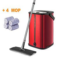 Flat Floor Mop and Bucket System， Latest Upgrade Stainless Steel Mop Bucket with Wringer， Microfiber Mops for Floor Cleaning System， 4 Washable & Reusable Mop Pads， 360 Degree Rotation Pole Handle