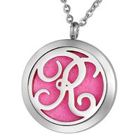 VALYRIA Monogram R Aromatherapy Essential Oil Diffuser Necklace-Stainless Steel Letter Locket Pendant with 11 Refill Pads