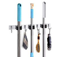 Al-Doreen Mop Broom Holder Wall Mounted Organizer Storage Hooks, Stainless Steel Tools Hanger with 3 Racks 4 Hooks for Kitchen, Bathroom, Garden, Garage, Closet, Office, Laundry Room, Black