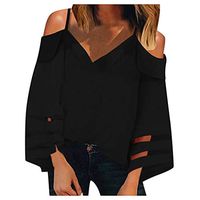 Cenglings Women Sexy Spaghetti Strap Long Sleeve Cold Shoulder Tops Loose V Neck Mesh Panel 3/4 Bell Hollow Out Top Shirt Black
