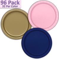 96 Paper Dinner Plates (9") - Light Pink, Gold, Navy Blue - 32 Per Color, 3 Colors - Great Assortment for Birthday Parties, Weddings, Holidays, Baby Shower, Celebrations, and more