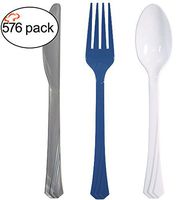 Tiger Chef Blue White and Silver Hanukkah Flatware Party Supplies, Heavyweight Colored Plastic Silverware Includes 192 Forks, 192 Teaspoons, and 192 Knives (Hanukkah, 576)