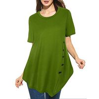 Theoylos Women's T-Shirts O-Neck Large Size Short Sleeve Ladies Button Up Irregular Hem T-Shirts Casual Loose Tops Green