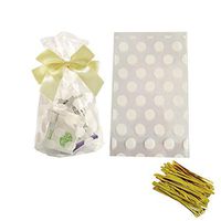 White Polka Dot Clear Cello Candy Favor Bags,Cellophane Cookie Treat Plastic Bags,with Gold Twist Ties, Pack of 100