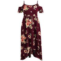 Danhjin Women's Plus Size Women's V-Neck Hollow Sling Print Pleated Irregular Hem T-Shirt Wine