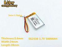 1.25mm 3 Thread 3.7V 500mAh 562438 Lithium Polymer Ion Rechargeable Battery Lithium 3lines Polymer Li-Po Battery for MP4 GPS MP3 Bluetooth Stereo DIY Gift