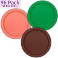 96 Paper Dinner Plates (9") - Emerald Green, Coral, Brown - 32 Per Color, 3 Colors - Great Assortment for Birthday Parties, Weddings, Holidays, Baby Shower, Celebrations, and more