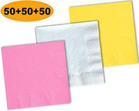 150 Beverage Napkins, Lemon Yellow, Bright White, Candy Pink - 50 Each Color. 2 Ply Paper Cocktail Napkins. 5" folded, 10" unfolded.