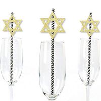 Gold Glitter Star of David Party Straws - No-Mess Real Gold Glitter Cut-Outs & Decorative Hanukkah Paper Straws - Set of 24