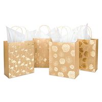Loveinside Medium Size Kraft Gift Bags - Foil Gold Monstera/Cactus/Rose/Flamingo Design Gift Bags with Tissue Paper for Shopping, Parties, Wedding, Baby Shower, Craft - 4 Pack - 8 X 4 X 10 Inch