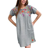 Veodhekai Womens Dress Embroidered Crew Neck Short Sleeve Dresses Simple Nationality Blouse Dress Casual Gray
