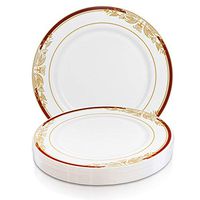 Elegant Disposable Plastic Dinner Plates 120 Pcs - 10.25" Heavy Duty Fancy White with Burgundy & Gold Rim Dinner Plates - Reusable Bulk Party Supplies For Wedding, Easter, Birthday & All Occasions