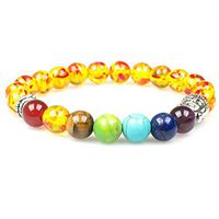 PWMEN Jewelry,7 Chakras Gemstone Bracelet Lava Stone Reiki Healing Balancing Round Beads(Amber)