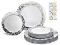 " OCCASIONS " 50 Plates Pack (25 Guests)-Wedding Party Disposable Plastic Plate Set -25 x 10.25'' Dinner + 25 x 7.5'' Salad & Dessert plates (Princess White & Silver)