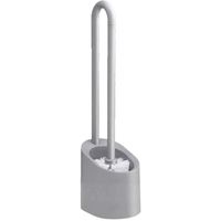 Aplus Toilet Bowl Brush Set Stand Scrubber and Holder Curving Grip Canddy Modern Design Bathroom Cleaning Long Slim Handle Bristles Wand Toilet Cleaner Compact Size Saving Room ABS Plastic Light Grey