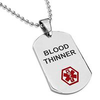 Stainless Steel Classic Medical Alert ID Dog Tag Pendant Necklace, Blood Thinner