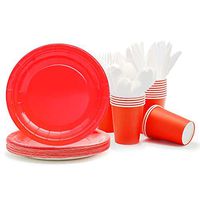Party Paper Plates, Cups, Flatware, 120-Piece Disposable Dinnerware Set, Red, Includes 9-Inch Dinner Plates, 9oz Cups, Knives, Forks, and Spoons, Serves 24…