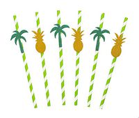50 Pack Tropical Paper Straws with Glitter Palm Tree and Pineapple Shapes and Stripes - Cute Party Decoration Idea for BBQ Cookouts and Beach Birthdays