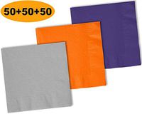 150 Beverage Napkins, Shimmering Silver, Pumpkin Orange, Grape Purple - 50 Each Color. 2 Ply Paper Cocktail Napkins. 5" folded, 10" unfolded.