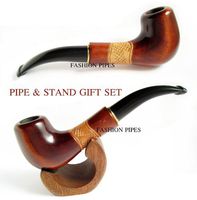 Pear Wood Pipe Handcrafted Tobacco Smoking Pipe Long FAVORITE PIPE & STAND GIFT SET For Pipe Smokers