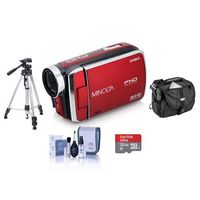 Minolta MN50HD 1080p Full HD 20MP Digital Camcorder, Red - Bundle with 32GB MicroSDHC Card, Video Case, Tripod, Cleaning Kit