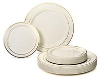 " OCCASIONS" 600 Pcs Set / 120 Guest Wedding Disposable Plastic Plate and Silverware Combo Set, 120 x 9'' Luncheon + 120 x 6.25'' Dessert plates + Silverware- (Ivory w/Gold Rim)