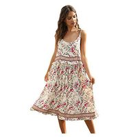 Eoeth Women Bohemian Floral Print Knee-Length Dresses Casual U-Neck Sling Backless Sleeveless Pleated Swing Party Dress White