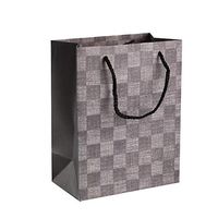 Checkered Gift Bags Set (12 Pack)- 9”x 7”x 4” Unique Design with Durable Ribbon Handles, Beautiful Present Bags Best for Birthday, Wedding and Party Favors (Ash Grey)