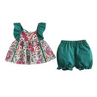 Newmao Toddler Girls Summer Sleeveless Fly Sleeve Flower Print Top+Shorts Set Outfit (2-3T, Green)