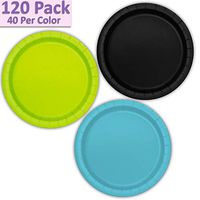 120 Paper Dessert Plates (7") - Black, Neon Green, Aqua - 40 Per Color, 3 Colors - Great Assortment for Birthday Parties, Weddings, Holidays, Baby Shower, Celebrations, and more