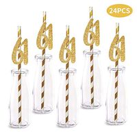 61st Birthday Paper Straw Decor, 24-Pack Real Gold Glitter Cut-Out Numbers Happy 61 Years Party Decorative Straws