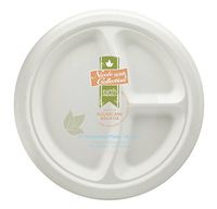 Eco-Friendly 100% Compostable Sugarcane/Bagasse Heavy Duty Plates, FDA Approved, 10 Inch, 3-Compartment Round Plate, 50 Count