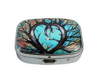 LCTCKP Custom Fashion Square Glass Silver Pill Case Decorative Metal Western Medicine Tablet Container Box (Heart Tree Love Birds Lovebirds Aqua Turquoise Brown Blue)