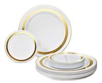 " OCCASIONS" 120 Plates Pack, Heavyweight Premium Disposable Plastic Plates Set 60 x 10.5'' Dinner + 60 x 6.25'' Dessert/Cake Plates (Soleil White & Gold)