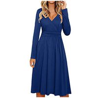 WENOVL Summer Dresses for Women,Women's Long Sleeve V-Neck Wrap Waist Casual Fashion Midi Dress Blue