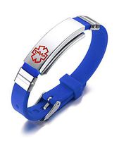 PJ Jewelry Free Engraving Unisex Silicone and Stainless Steel Medical Alert ID Bracelets, Adjustable,Blue